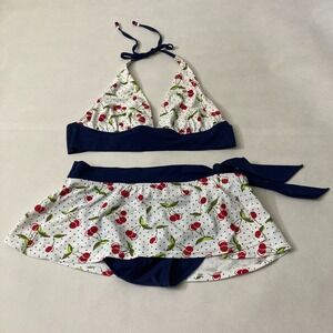 La Vie En Rose Retro Cherry Bikini Halter Top Skirt Bottom Women's Size Large D+